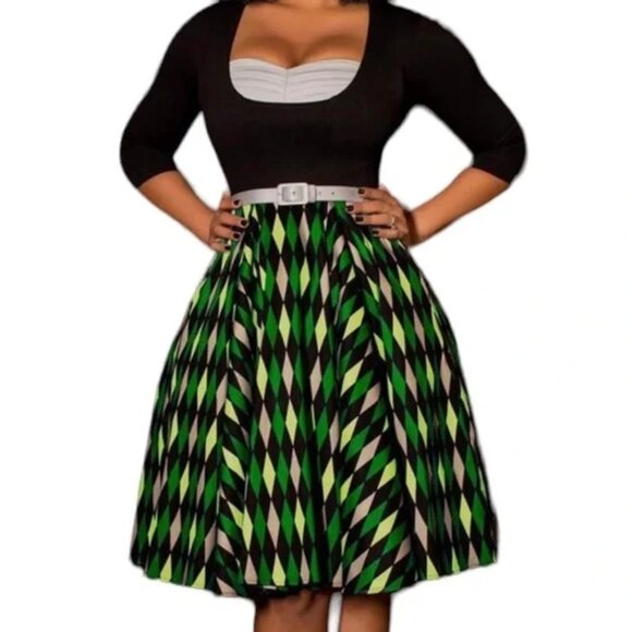 Pinup Couture Dresses & Skirts - Alfreda Long-Sleeved Dress in Green (Slytherin) House Harlequin